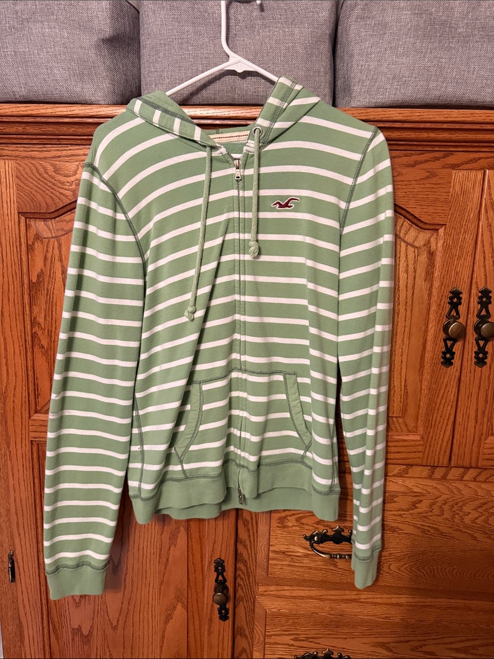 Hollister Green and White Striped Zip Hoodie